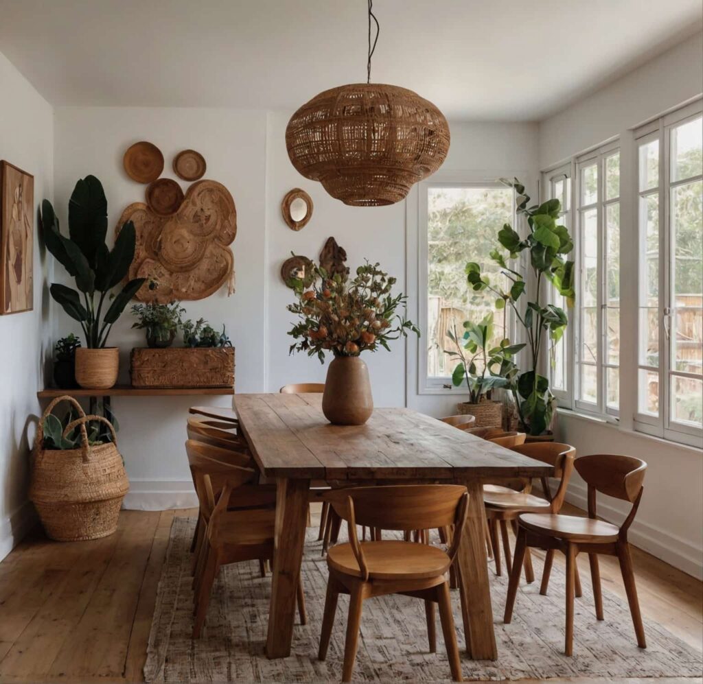 boho dining table ideas with vintage wooden chairs with colorful mismatched seats