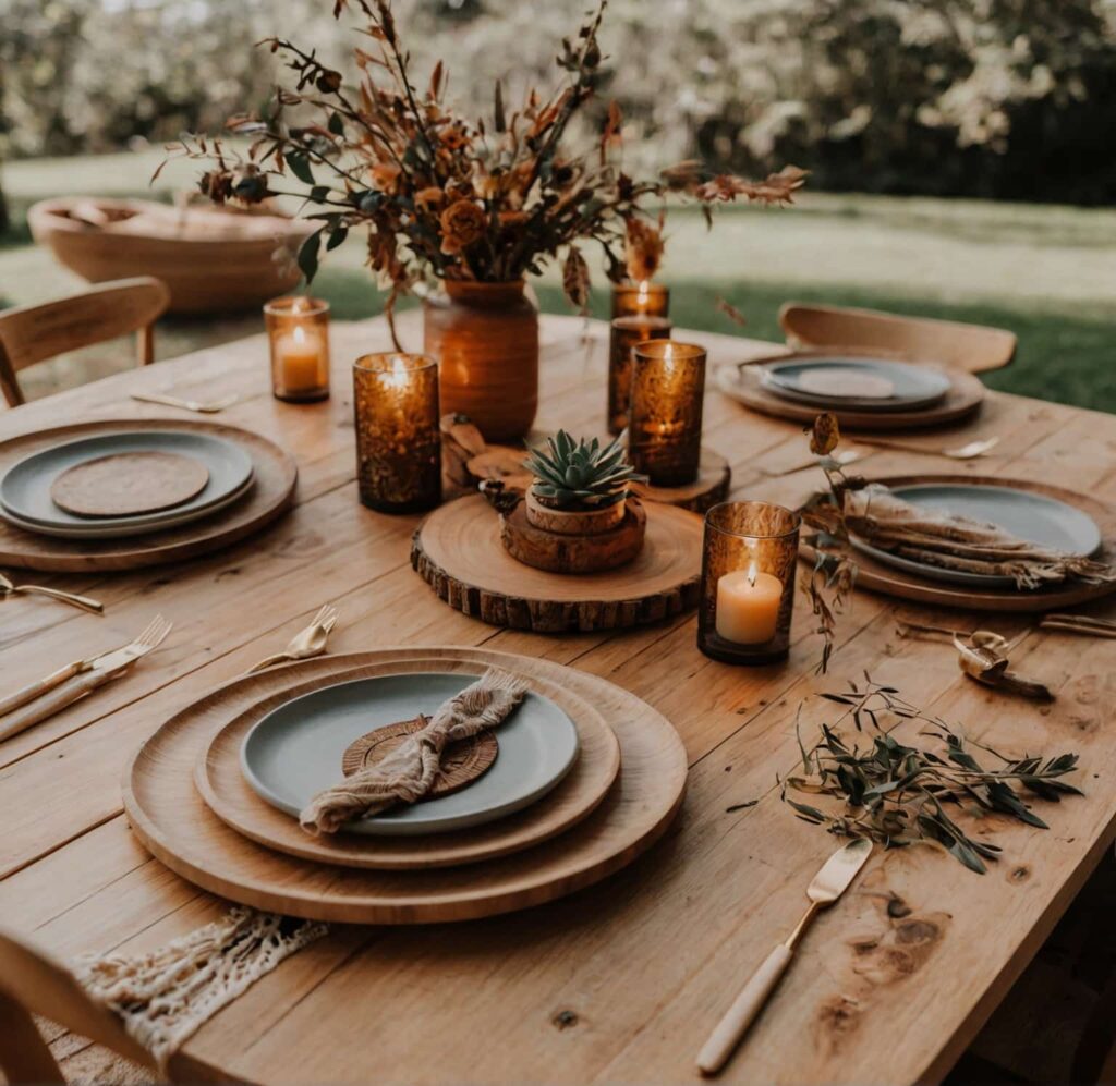 boho dining table ideas with wooden chargers under plates 1
