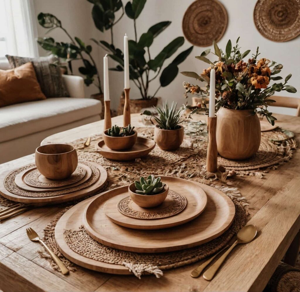 boho dining table ideas with wooden chargers under plates 2