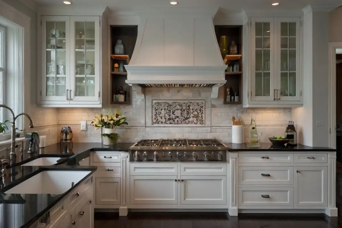 classic style Backsplash White Cabinets Black Countertop