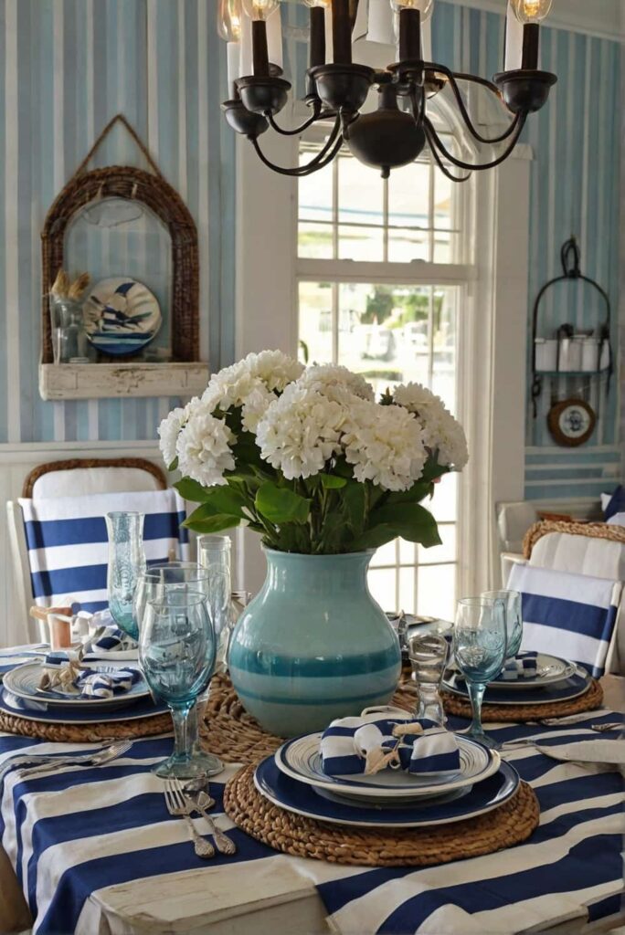 coastal dining room decor ideas in nautical stripes 0