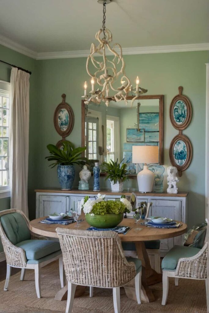 coastal dining room decor ideas in touches of green