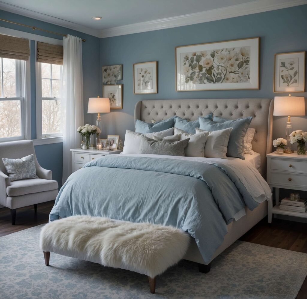 cozy master bedroom decor in soft blue scheme 0