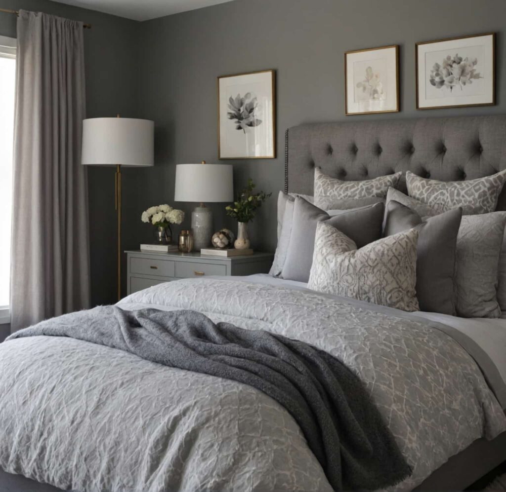 cozy master bedroom decor in soft greys