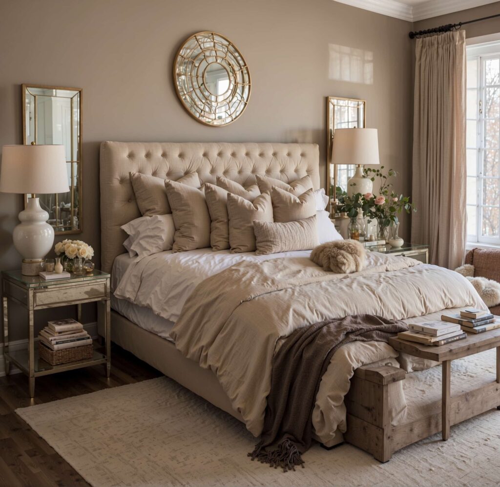 cozy master bedroom decor in warm beiges 0
