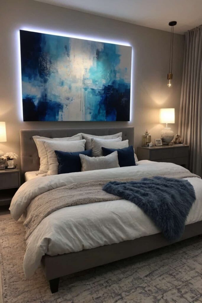 cozy master bedroom decor with soft blue lights and