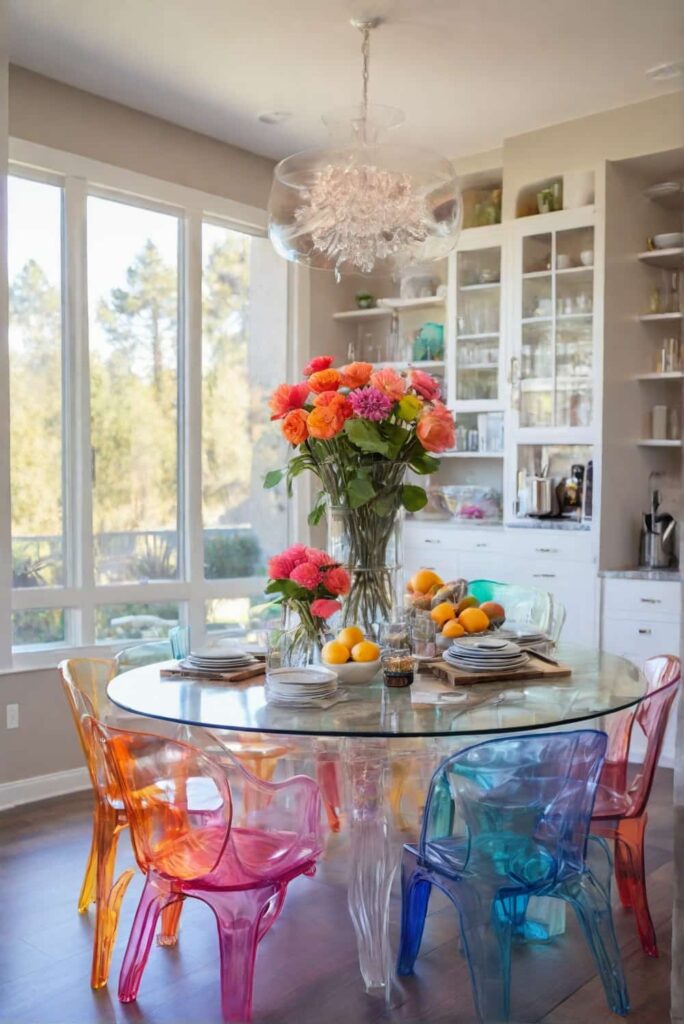 default kitchen table ideas with clear acrylic chairs colorful