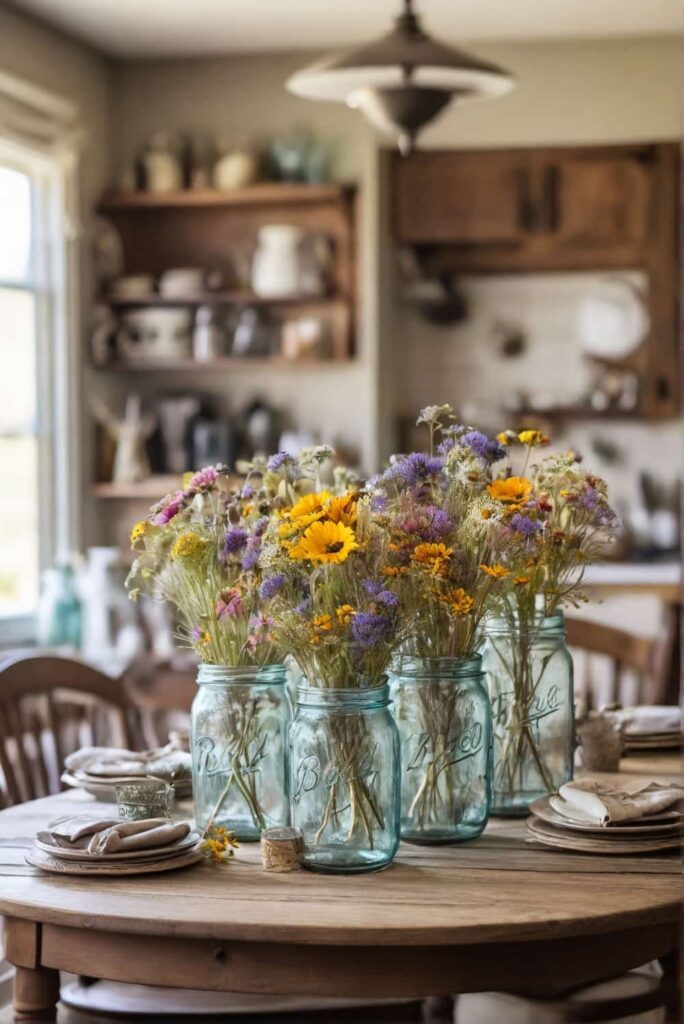 default kitchen table ideas with rustic decor and wildflowers