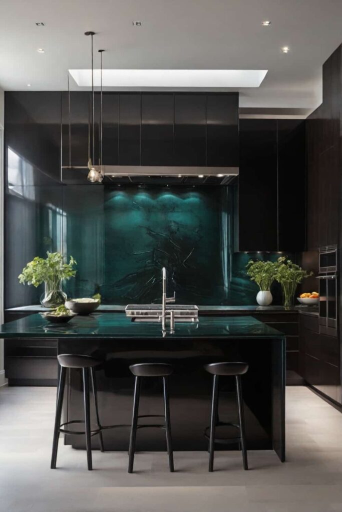 glossy glass backsplash for black granite countertops 1