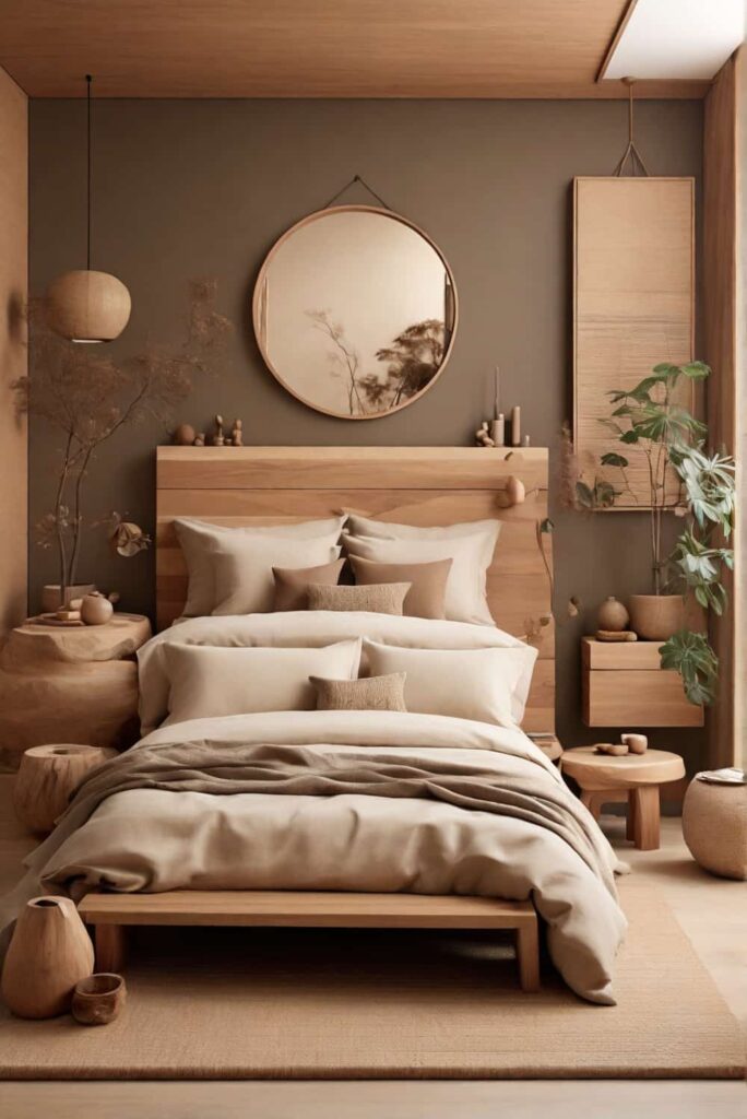japandi bedroom ideas in earthy tones and natural materials