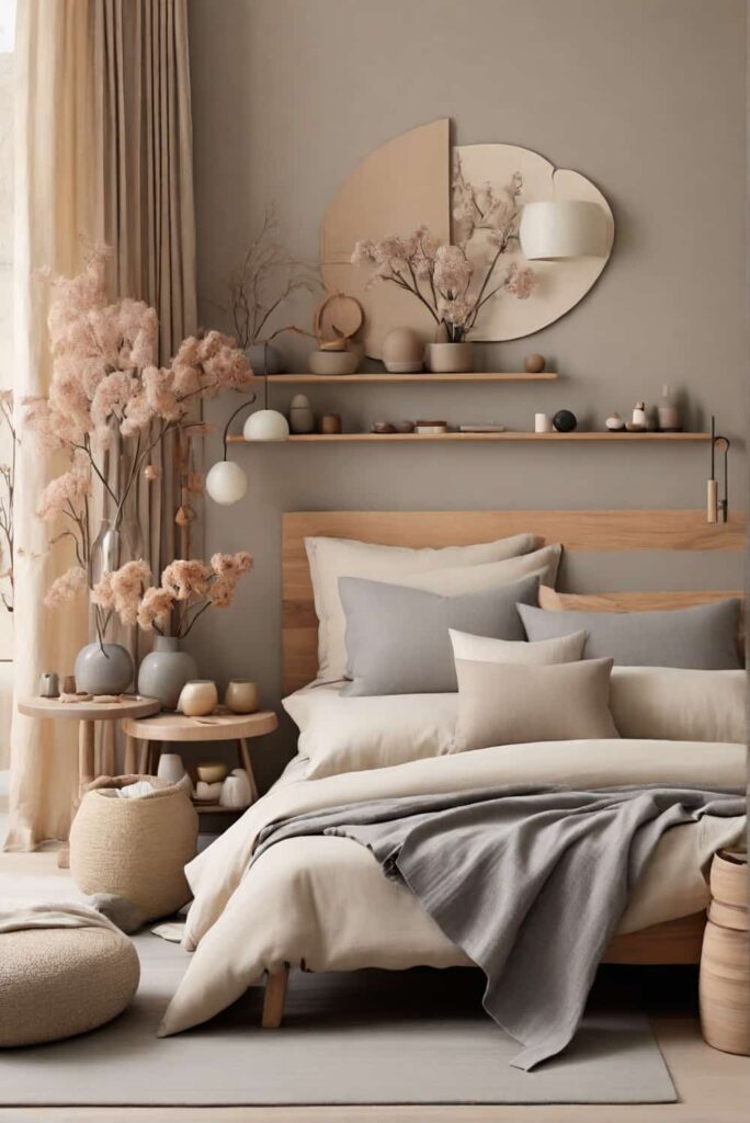 japandi bedroom ideas in gentle grays and warm beiges