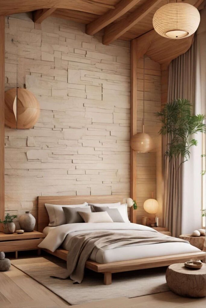japandi bedroom ideas incorporate wood and stone 1