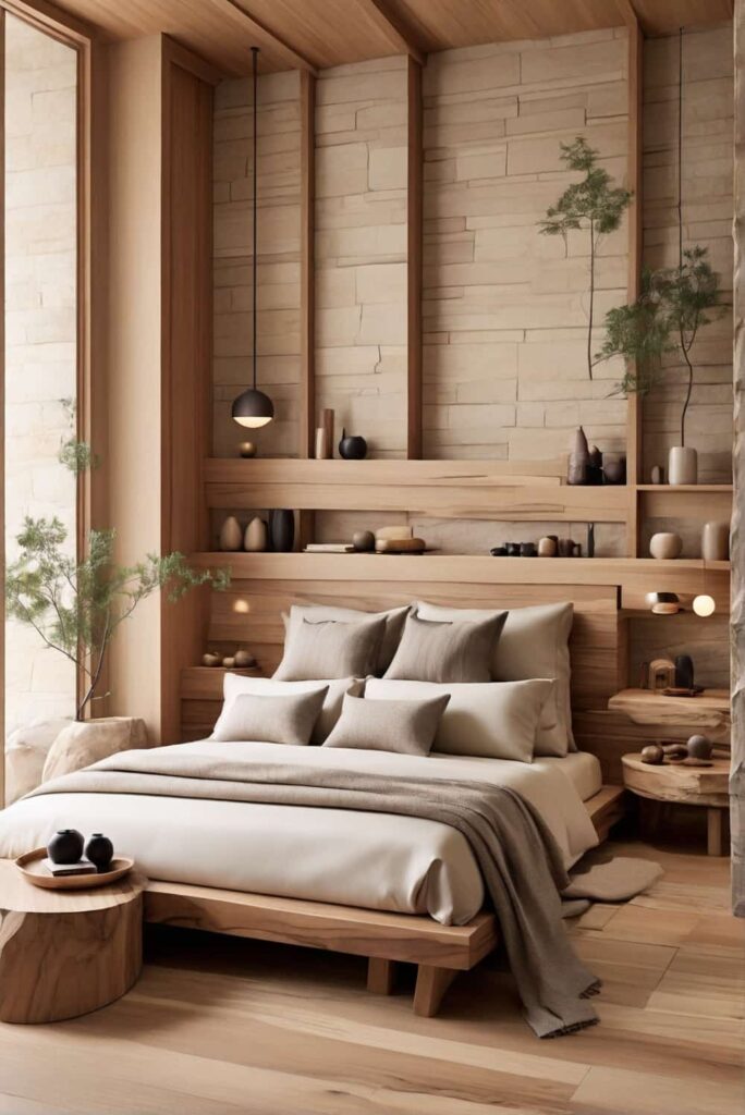 japandi bedroom ideas incorporate wood and stone 2