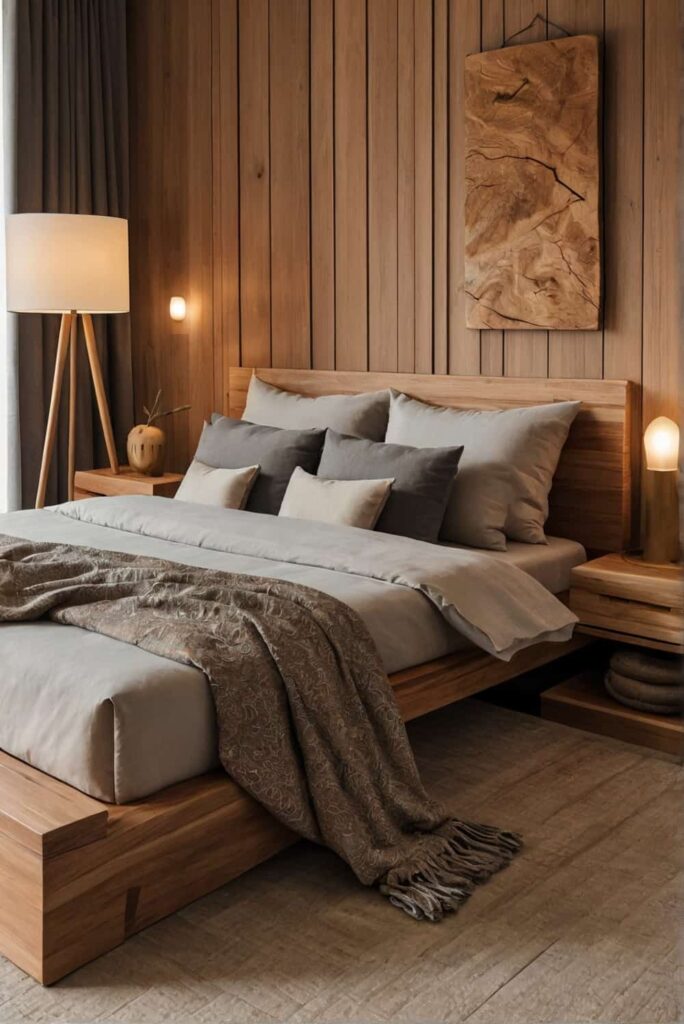 japandi bedroom ideas with wood and stone for texture 2