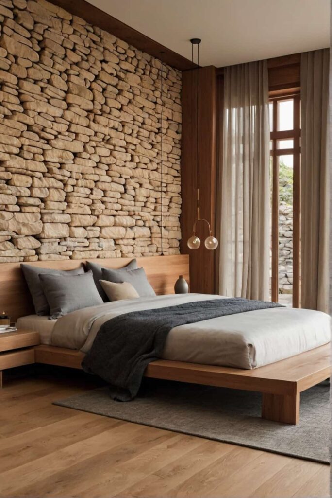 japandi bedroom ideas with wood and stone for texture 5