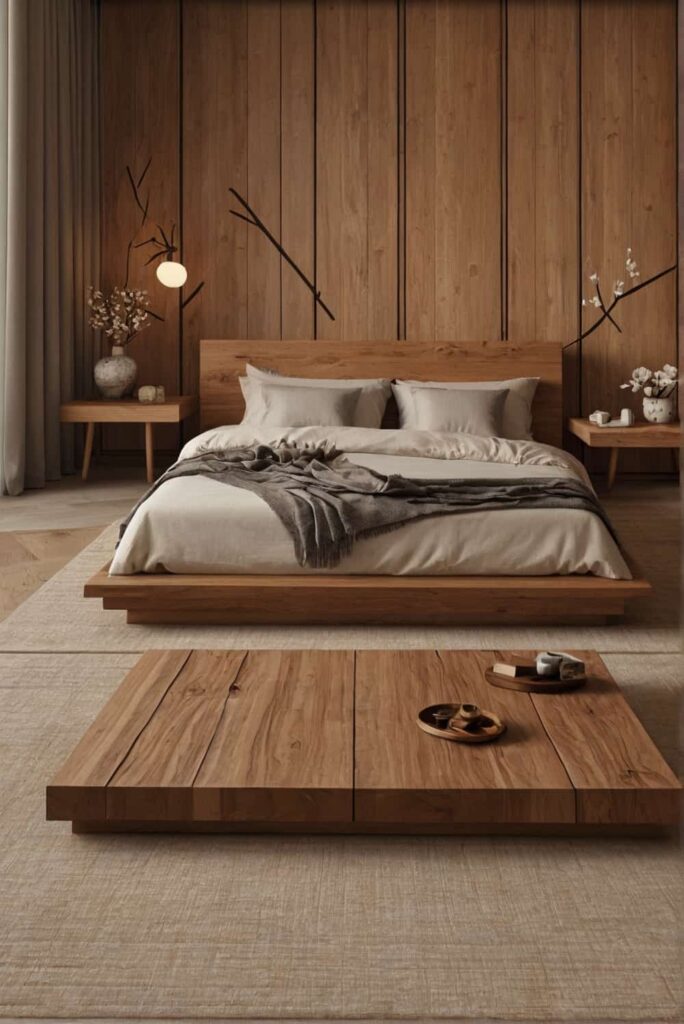 japandi bedroom ideas with wood and stone for texture