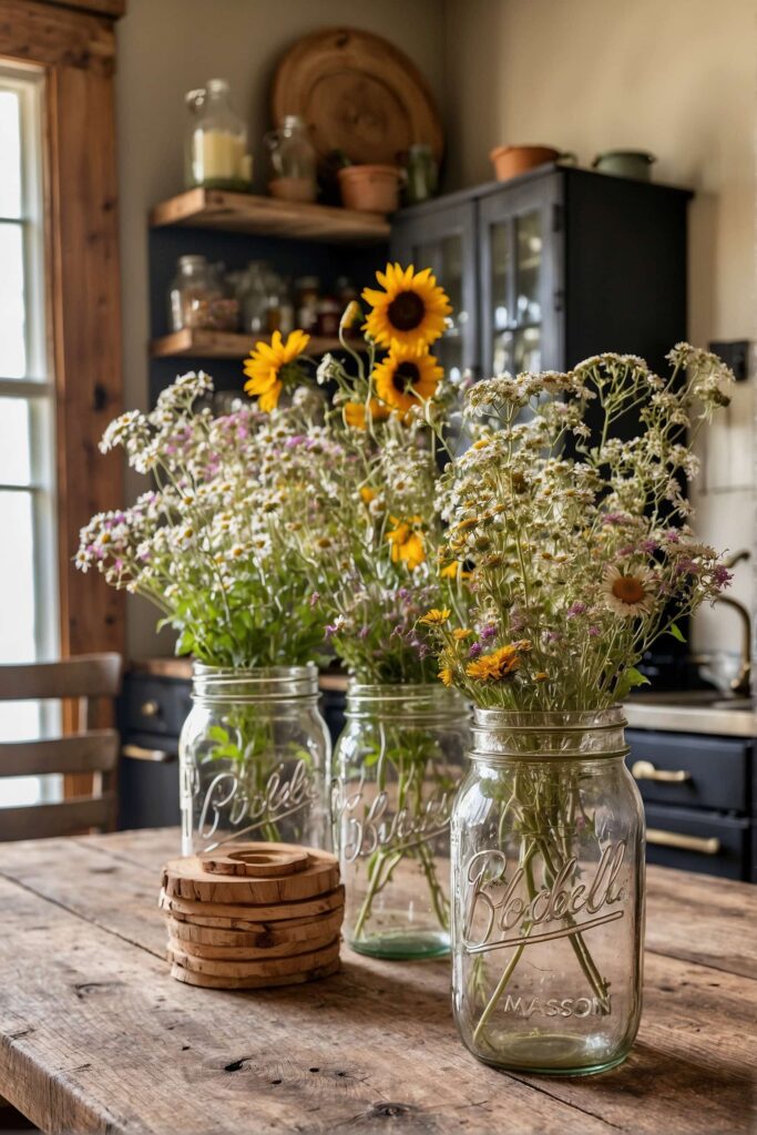 kitchen table ideas with rustic decor wildflowers in mason jar