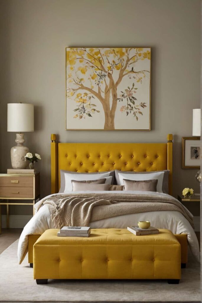 lively yellow bed frame bedroom ideas with dresser focal 1