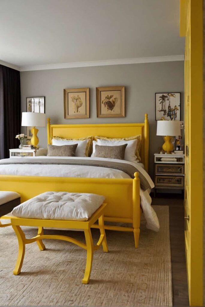 lively yellow bed frame bedroom ideas with dresser focal 2