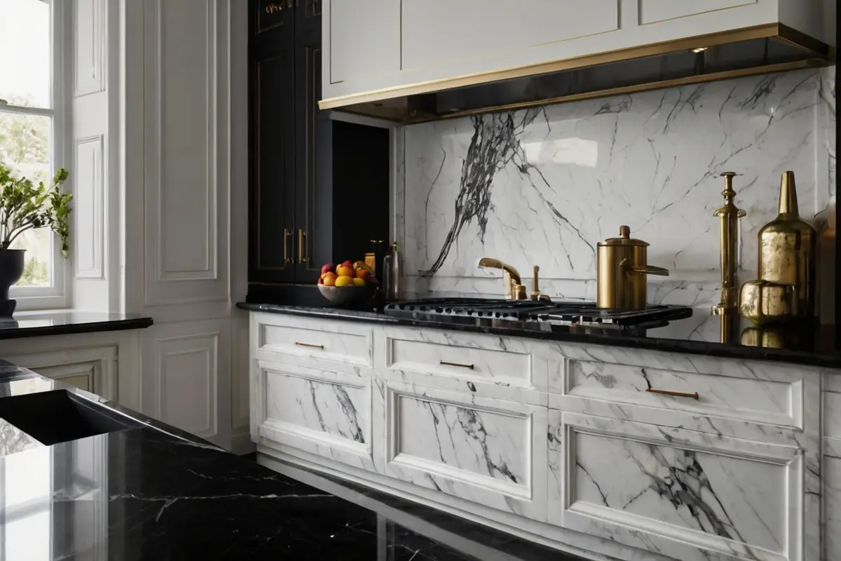 luxurious backsplash Designs for White Cabinets and Black Countertop