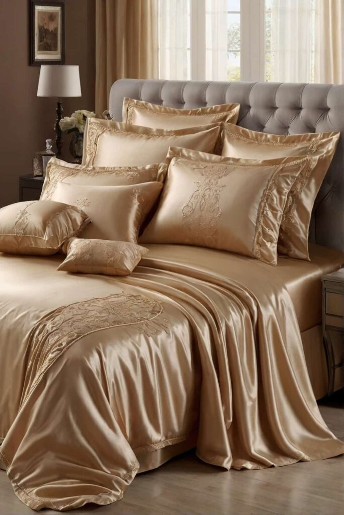 luxurious bed sheet ideas in beige silky sateen 1