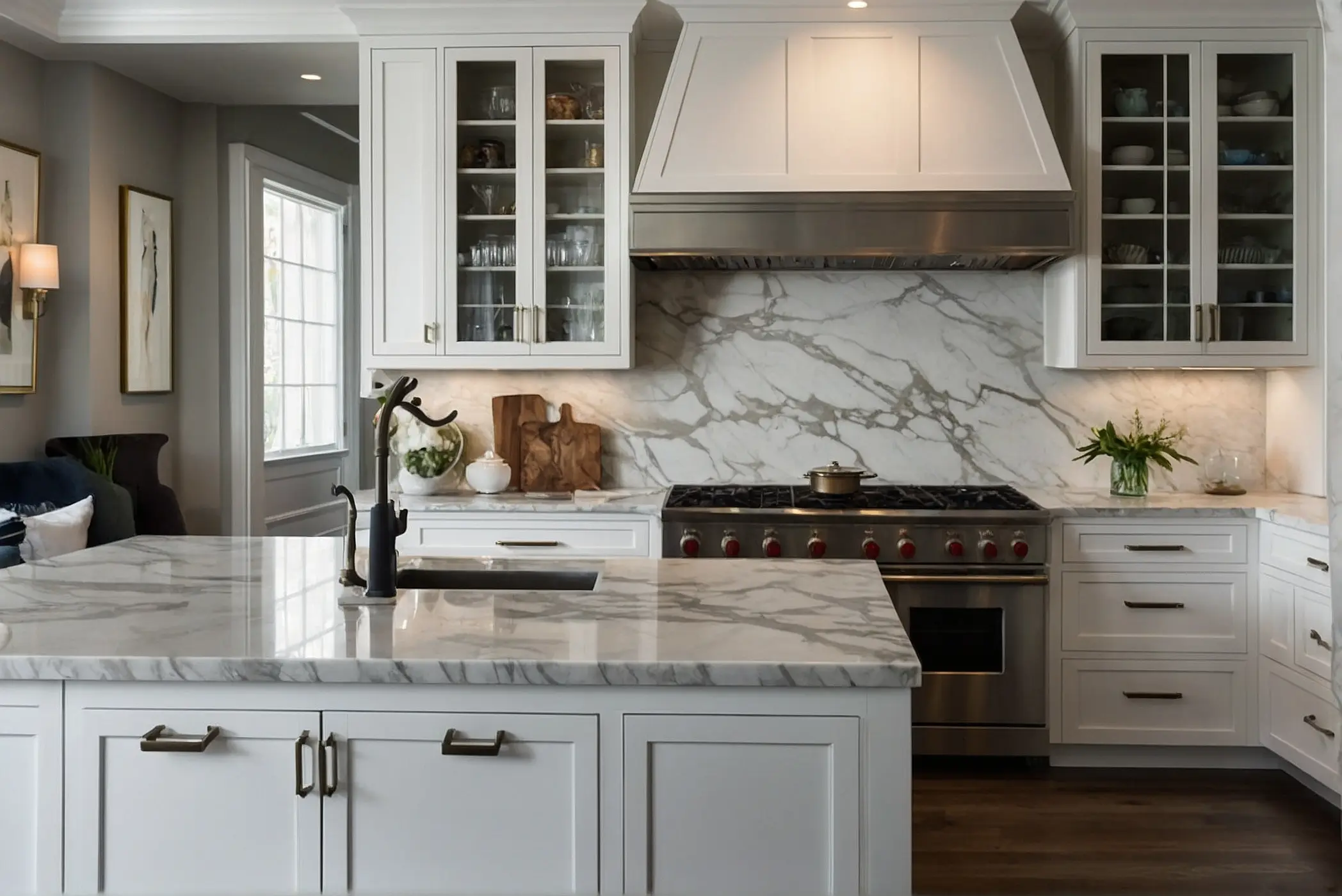 luxurious oasi with a Marble Backsplash White Cabinets 1