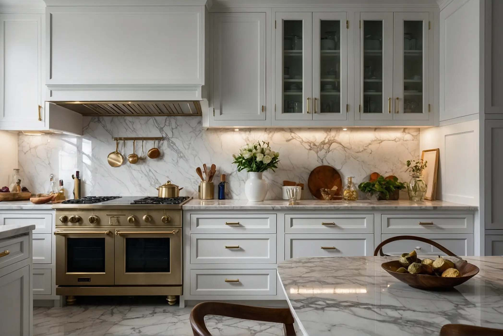 luxurious oasi with a Marble Backsplash White Cabinets 2