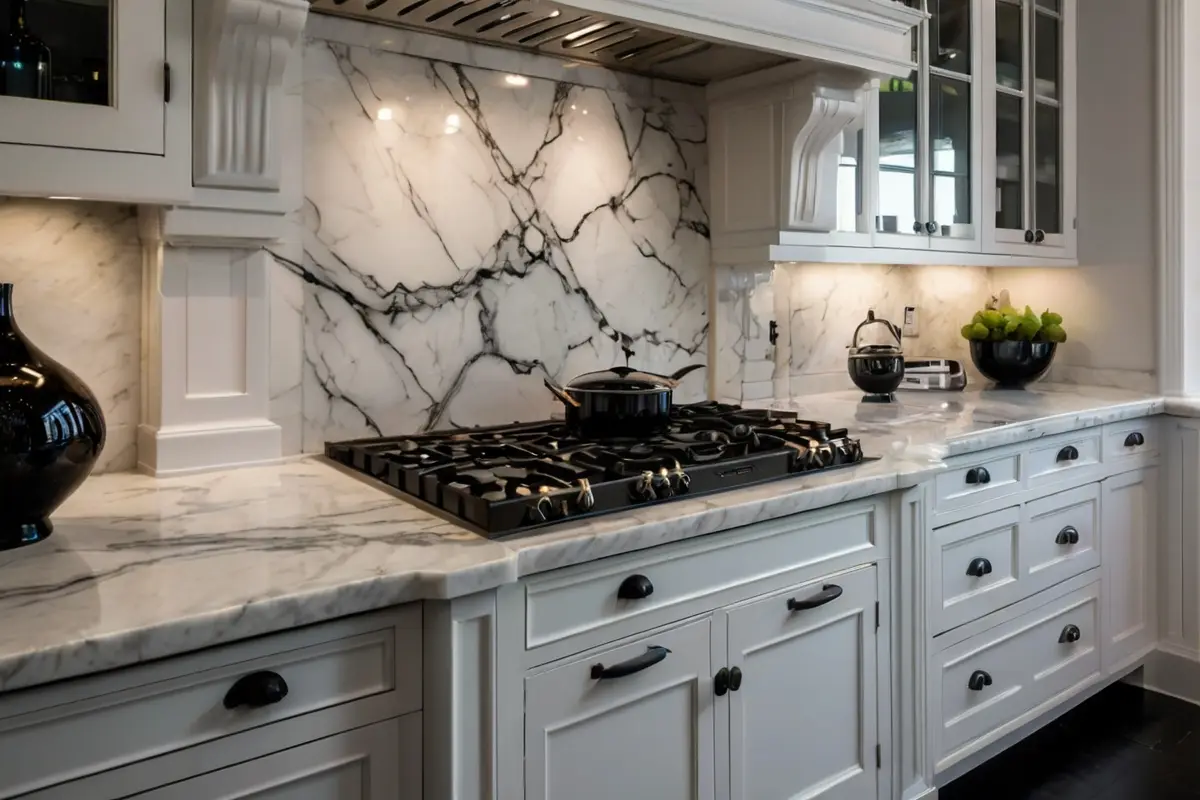 luxurious with marble design backsplash Designs for White Cabinets and Black Countertop