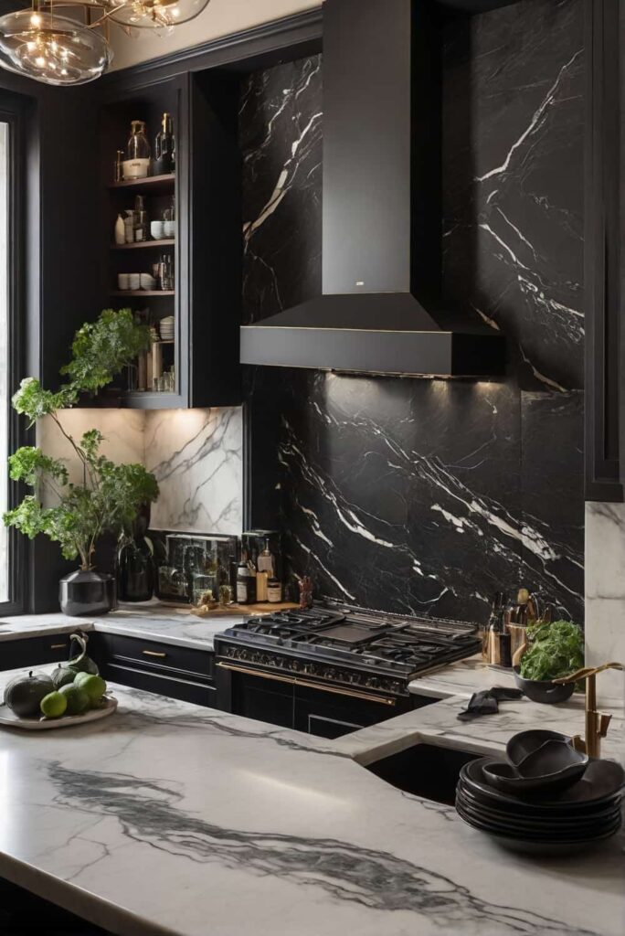 marble backsplash for black granite countertops match kitchen theme 2