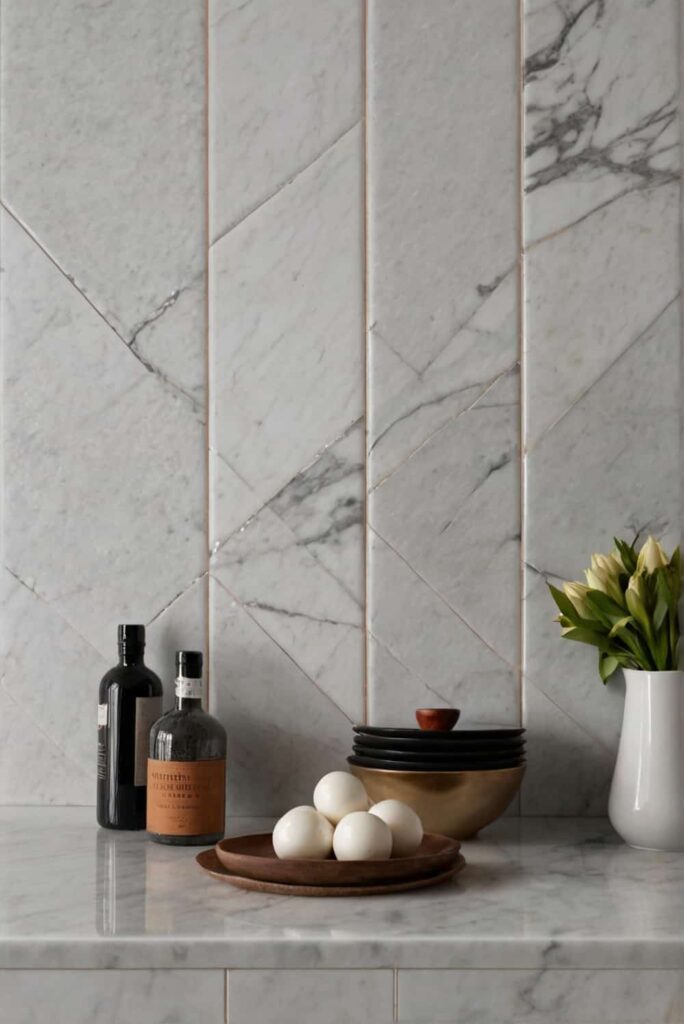 marble backsplash ideas in carrara herringbone layout 1