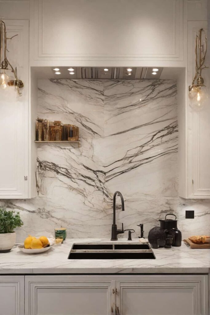 marble backsplash ideas with calacatta blended with metal or glass 1