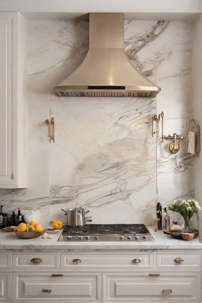 marble backsplash ideas with calacatta blended with metal or glass 2