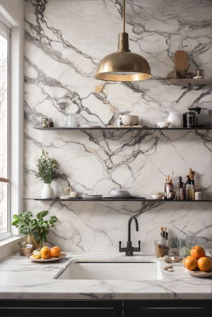 marble backsplash ideas with calacatta in hexagonal pattern for trendy feel 2