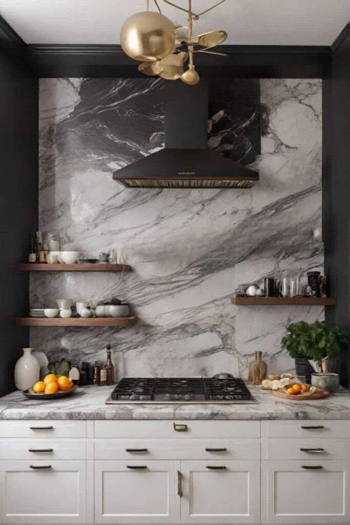 marble backsplash ideas with carrara contrasted with dark cabinets 1