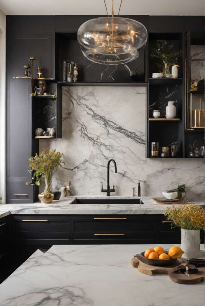 marble backsplash ideas with carrara contrasted with dark cabinets 2