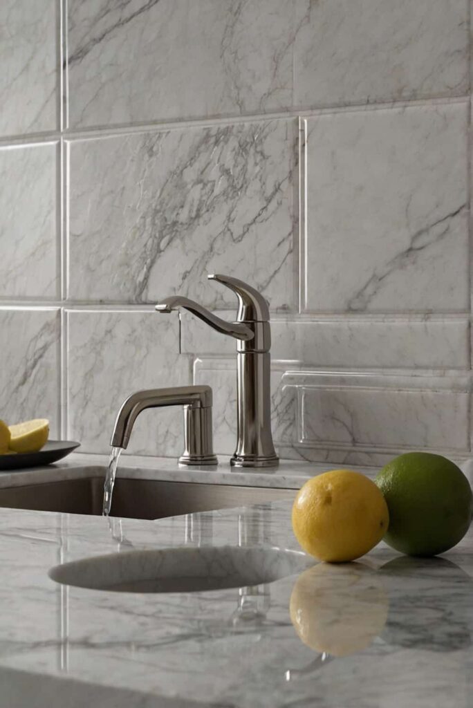 marble backsplash ideas with carrara subway tiles in subtle veins 1