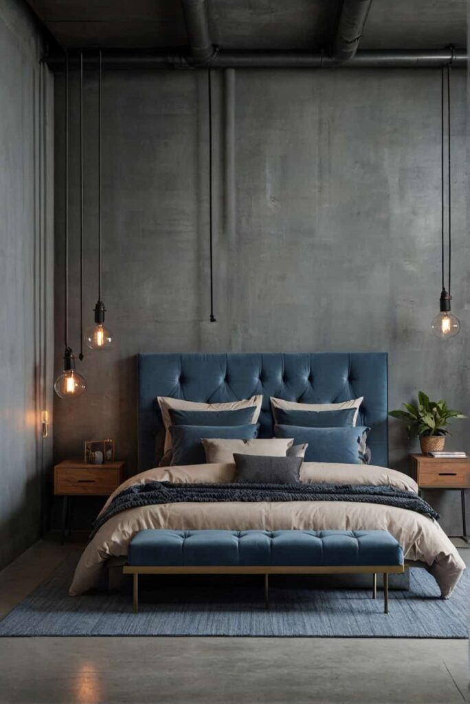 minimalist industrial bedroom ideas with earthy blues 0