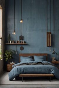 minimalist industrial bedroom ideas with earthy blues 1