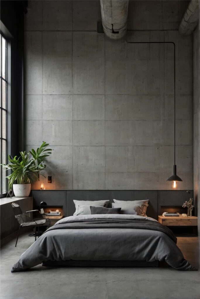 minimalist industrial bedroom ideas with exposed concrete 1