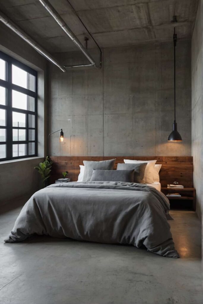 minimalist industrial bedroom ideas with exposed concrete 2