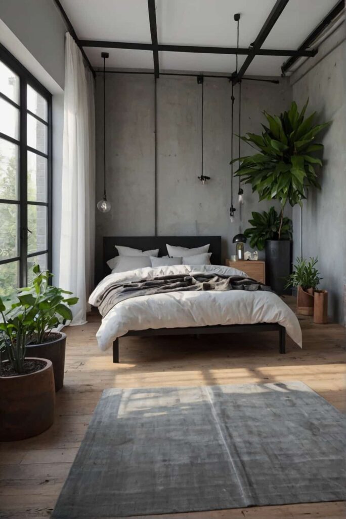 minimalist industrial bedroom ideas with low maintenance plants 1