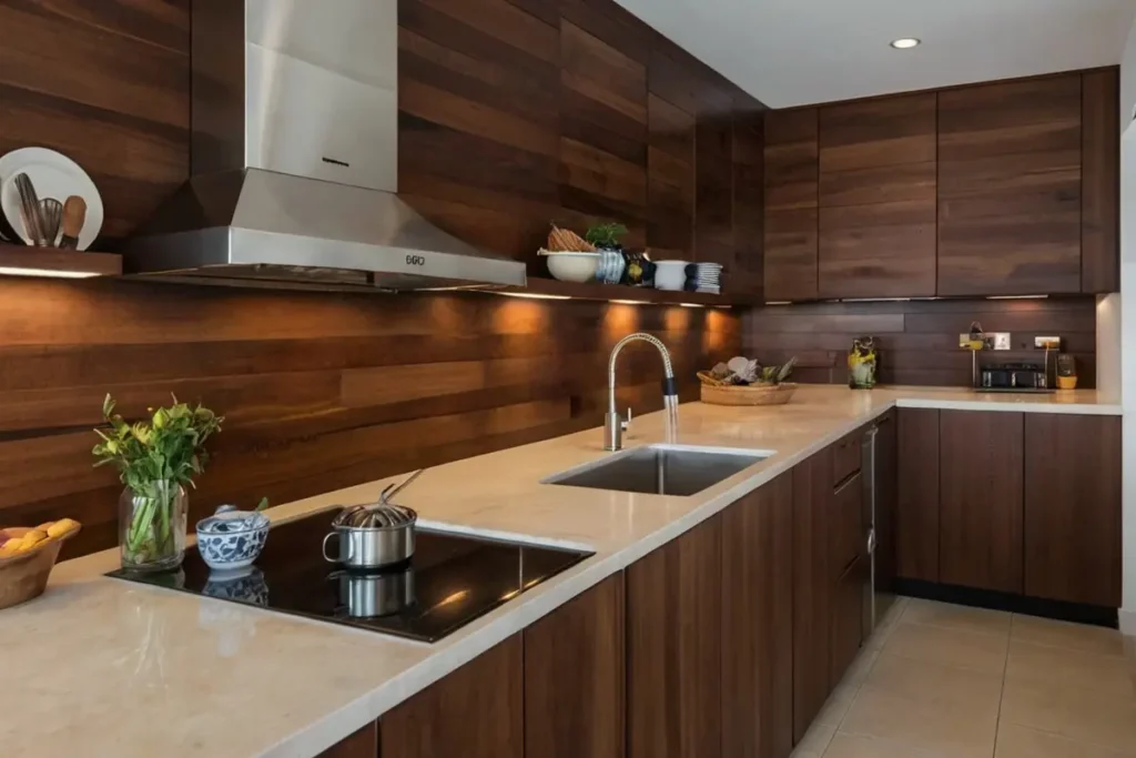 natural wood Backsplash Ideas for Brown Cabinets