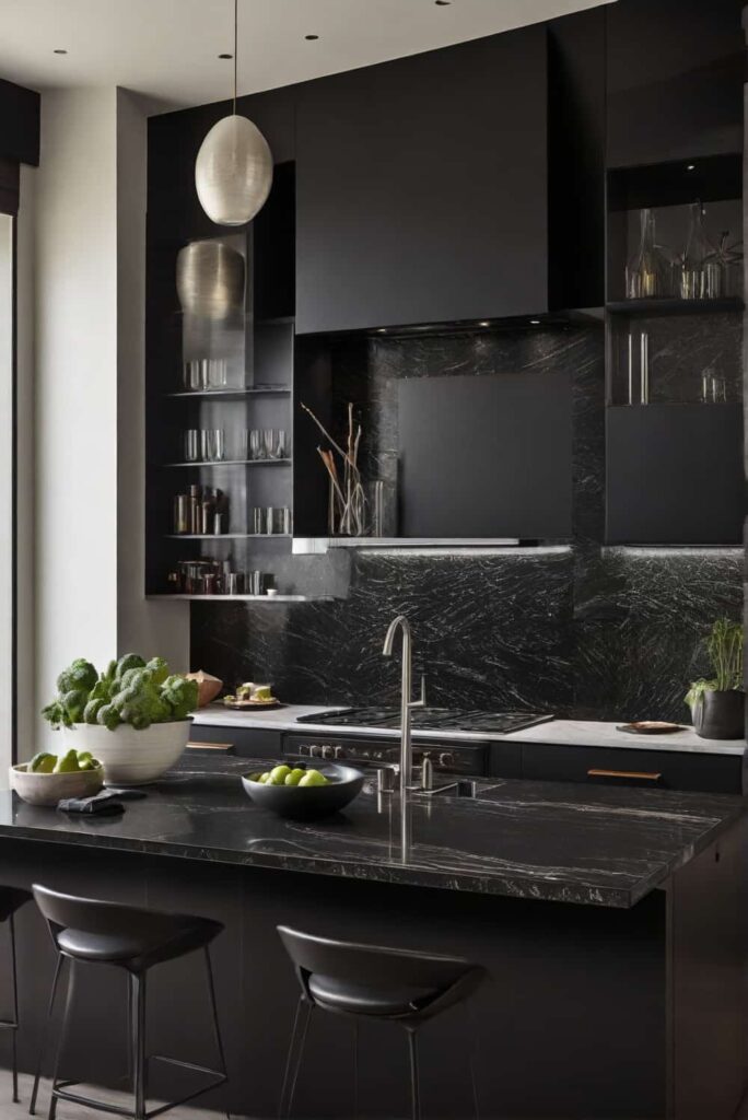 quartz backsplash for black granite countertops in a sleek modern kitchen
