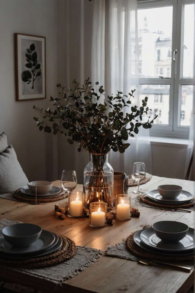 scandinavian dining table ideas in mood lighting and DIY centerpieces for coziness 1