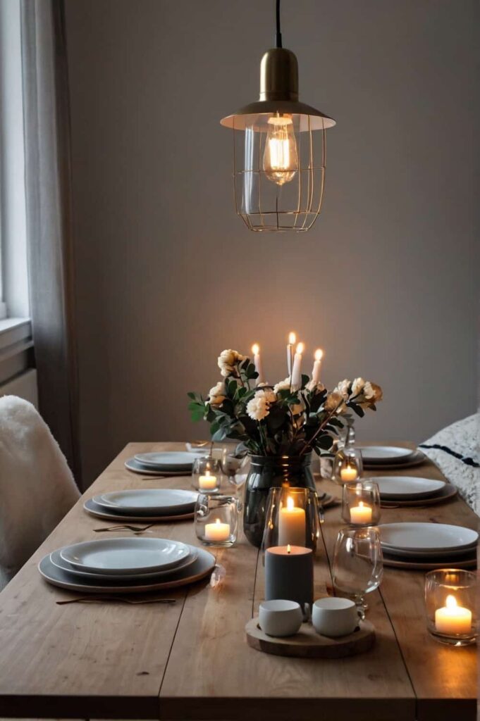 scandinavian dining table ideas in mood lighting and DIY centerpieces for coziness 2