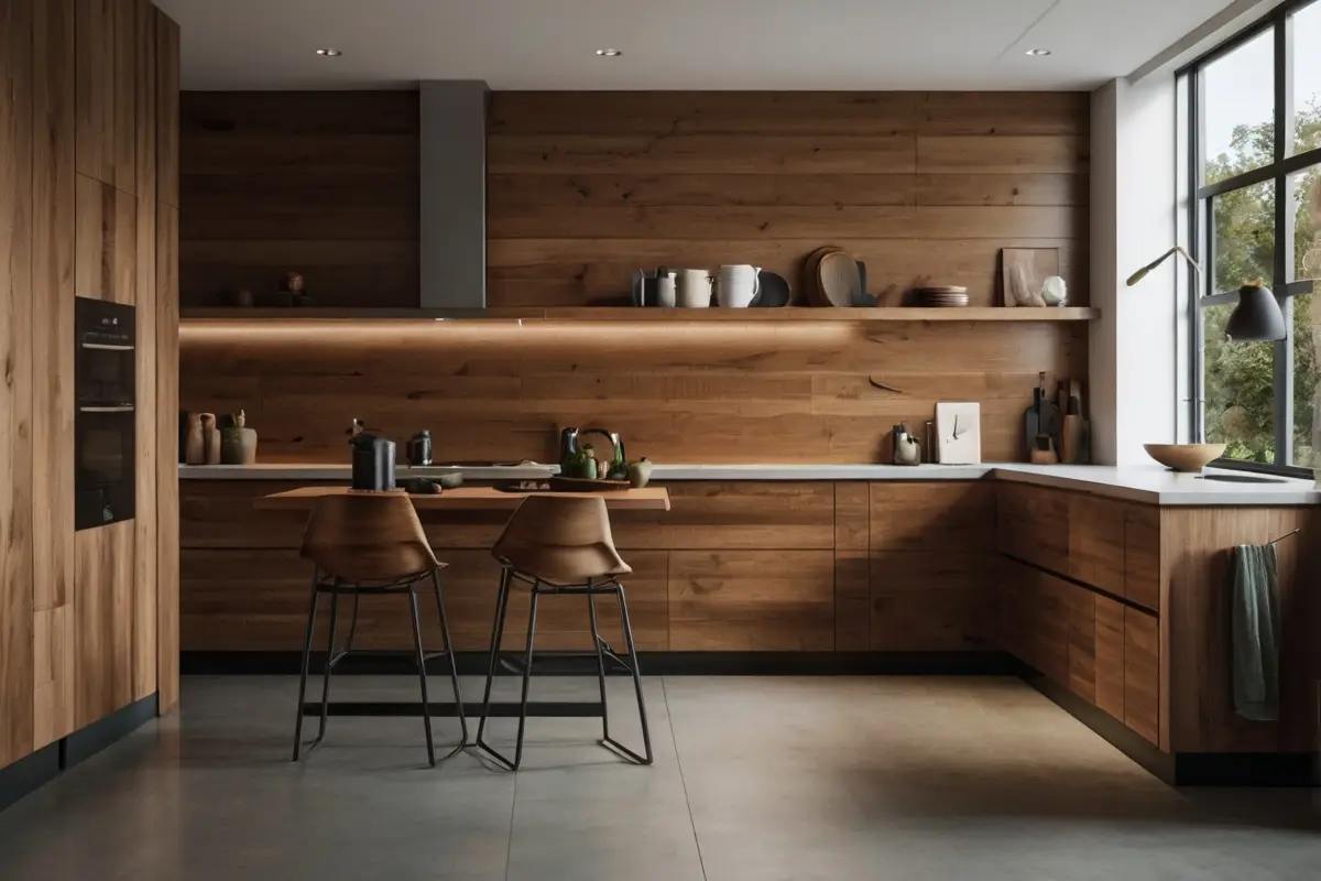 sleek Wood Panel Backsplash ideas brown cabinets