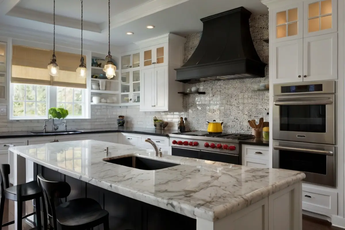 timeless and classic Backsplash White Cabinets Black Countertop