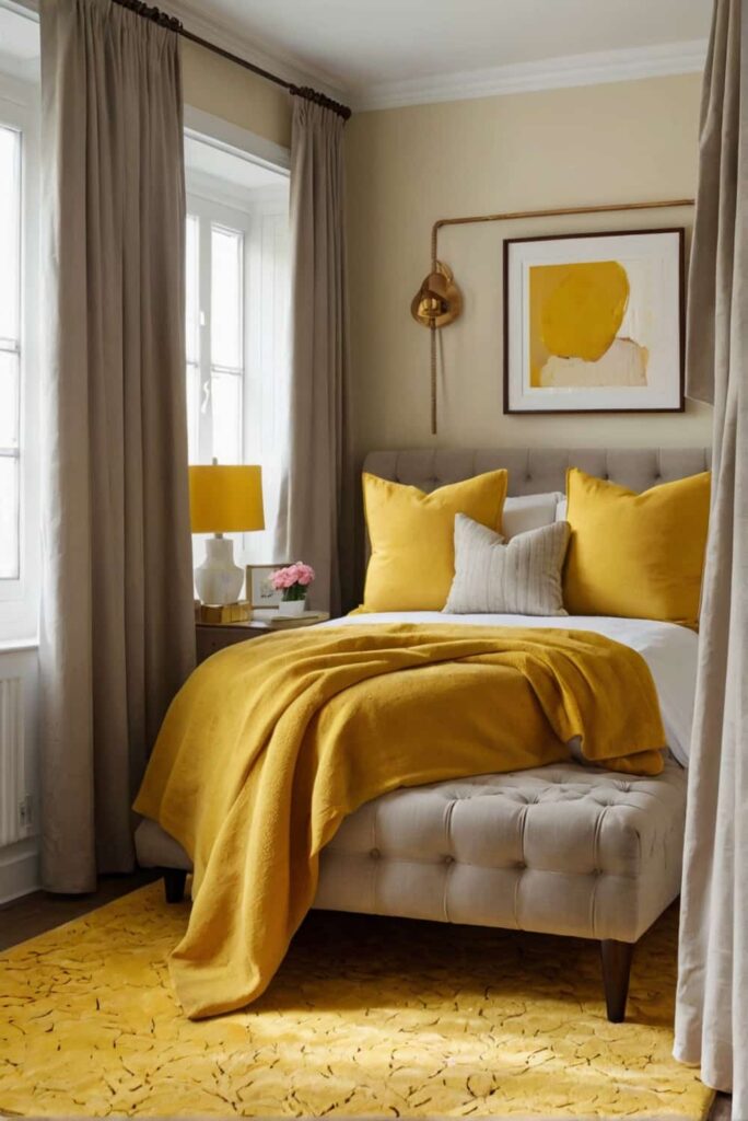yellow bedroom ideas with bold yellow rug and curtains