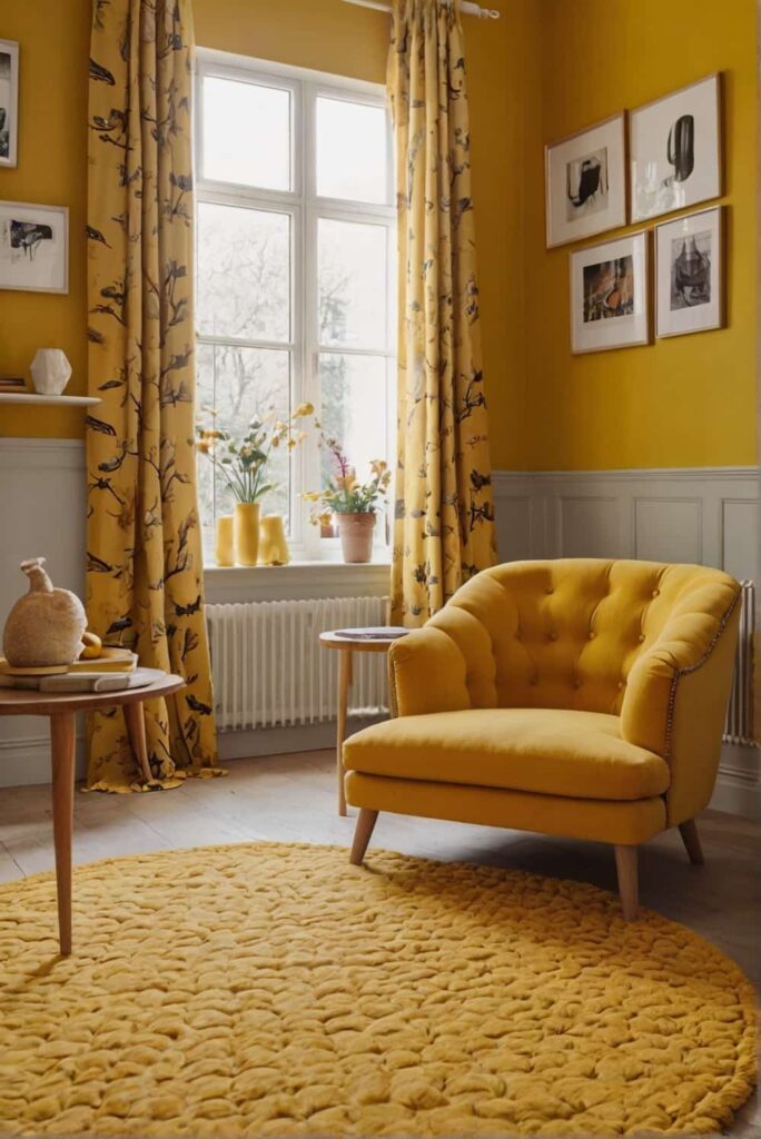 yellow bedroom ideas with mustard armchair and cheerfu 1