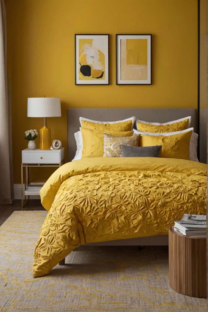 yellow bedroom ideas with wall art in yellow tones